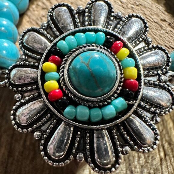 Turquoise Flower Concho Seed Bead Southwestern Bohemian Bracelet‎ - Picture 4 of 6